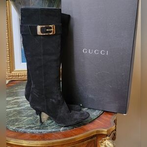 Authentic Gucci Black Suede Silver Buckle Tall High Heel Boots w Box 9.5 $995